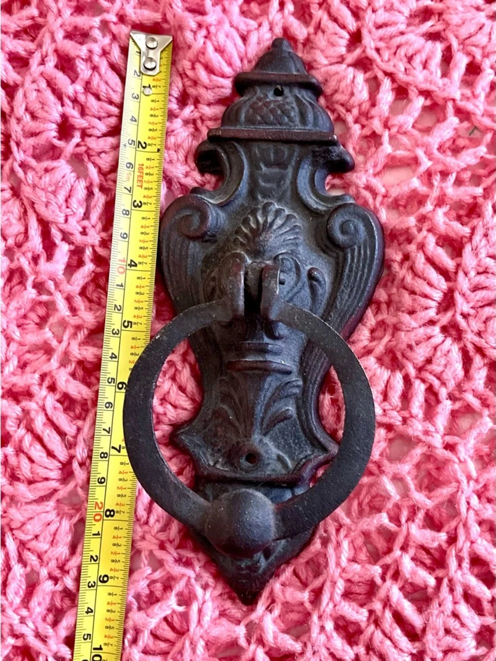 Ornate Iron Ring Door Knocker in Dark Brown